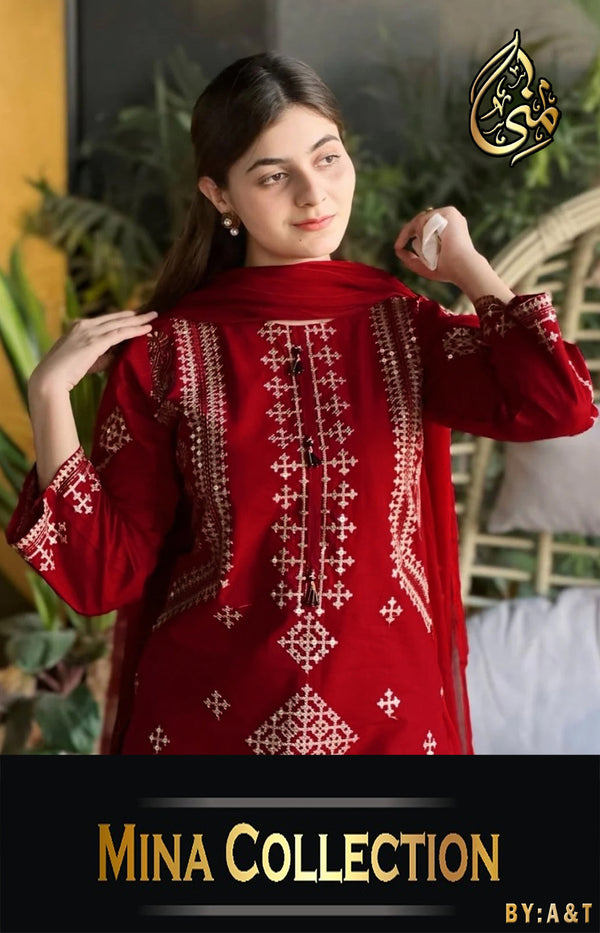 Large Heavy Sequence Work Bareeza Cotton 3 Piece – Stitched Ladies Suit with Chiffon Dupatta