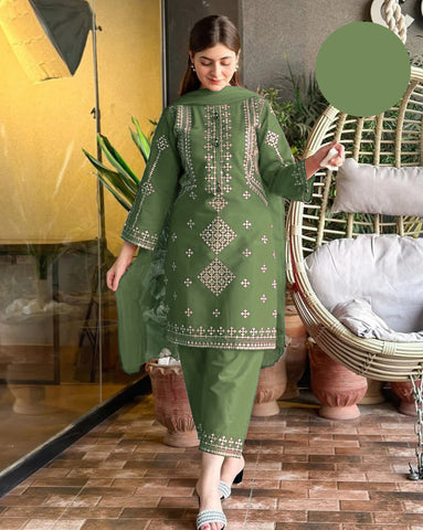 Large Heavy Sequence Work Bareeza Cotton 3 Piece – Stitched Ladies Suit with Chiffon Dupatta