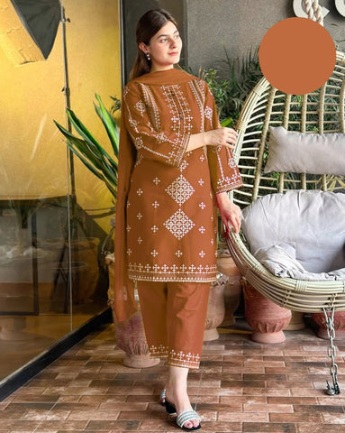 Large Heavy Sequence Work Bareeza Cotton 3 Piece – Stitched Ladies Suit with Chiffon Dupatta