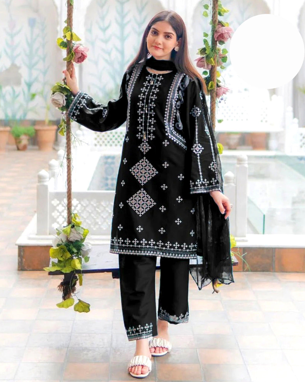 Large Heavy Sequence Work Bareeza Cotton 3 Piece – Stitched Ladies Suit with Chiffon Dupatta