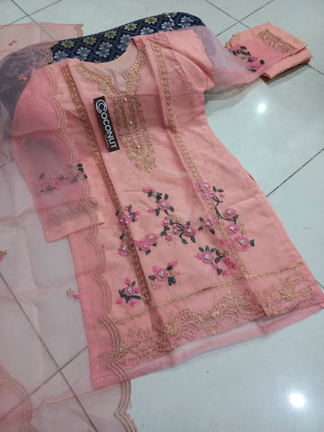 Medium Flower Embroidered 3 Piece – Organza Shirt with Cutwork Dupatta