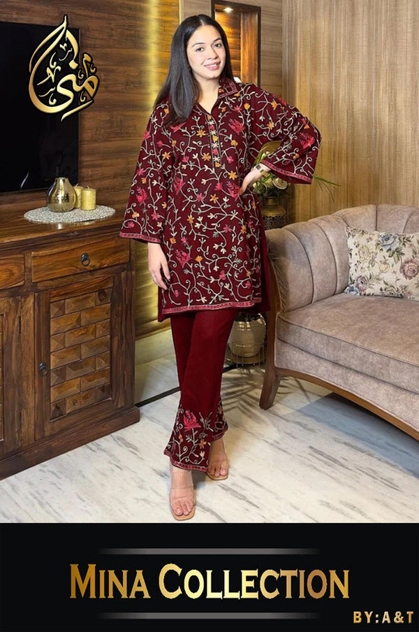 Medium Heavy Multi Embroidered Shamose Silk 2 Piece – Stitched Ladies Dress