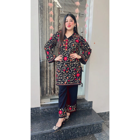 Medium Heavy Multi Embroidered Shamose Silk 2 Piece – Stitched Ladies Dress
