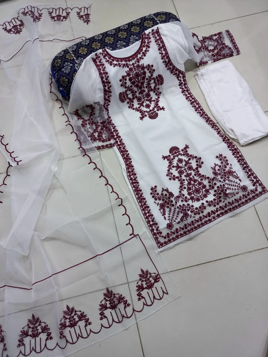 Medium Front Heavy Embroidery Shirt with Frill Style Embroidered Dupatta 3 Piece – Stitched Ladies Dress