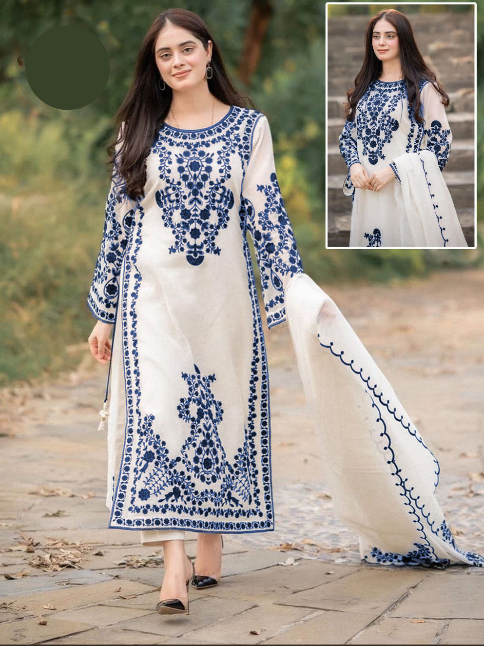 Medium Front Heavy Embroidery Shirt with Frill Style Embroidered Dupatta 3 Piece – Stitched Ladies Dress