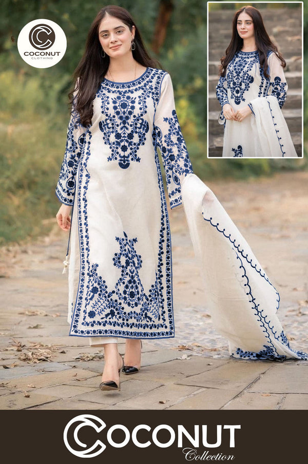 Medium Front Heavy Embroidery Shirt with Frill Style Embroidered Dupatta 3 Piece – Stitched Ladies Dress