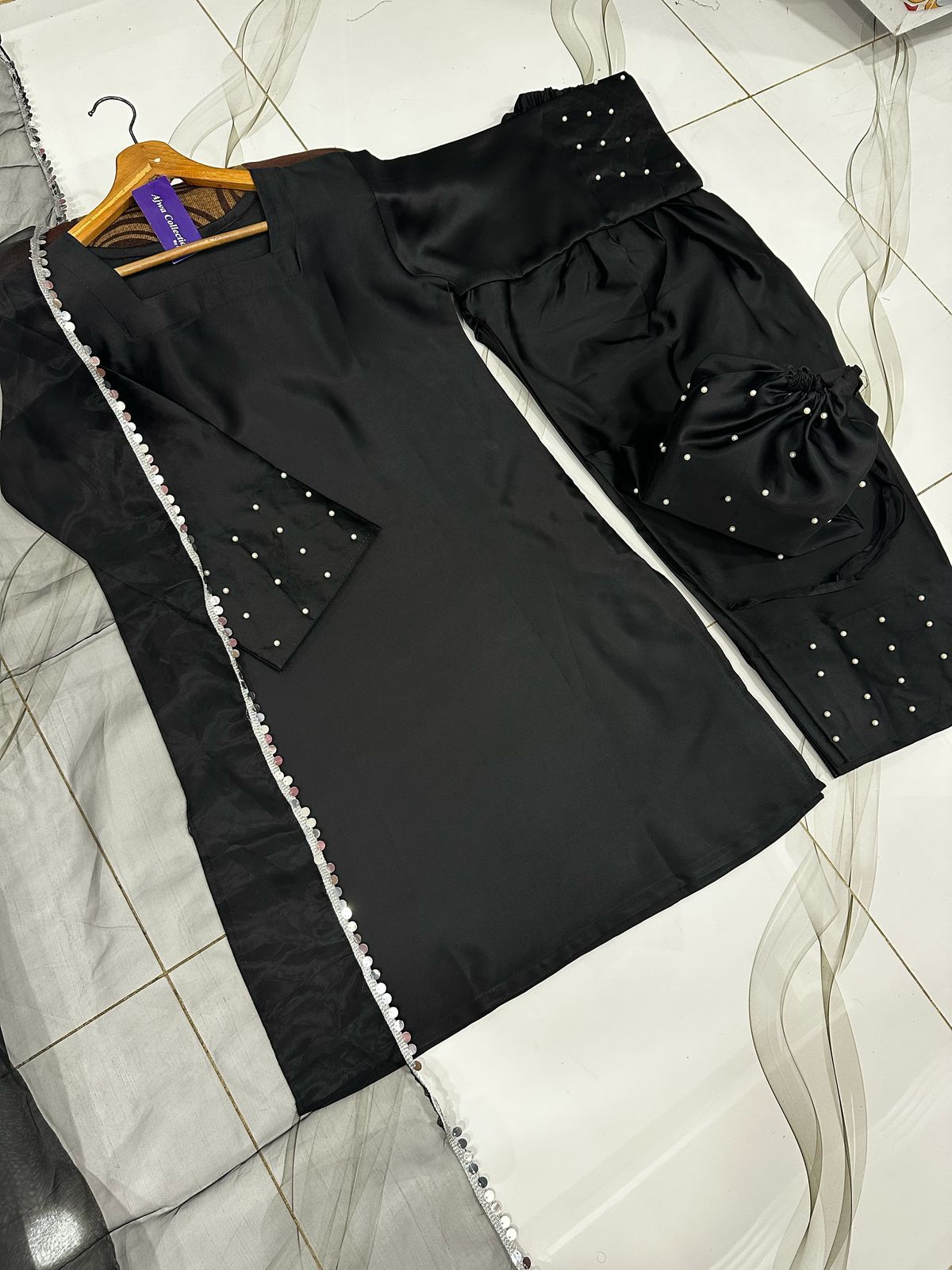 Medium Pearls Attached Shamose Silk 4 Piece – Plain Shirt with 3 Yards Farshi Shalwar & Lace Dupatta