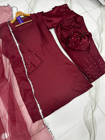 Medium Pearls Attached Shamose Silk 4 Piece – Plain Shirt with 3 Yards Farshi Shalwar & Lace Dupatta