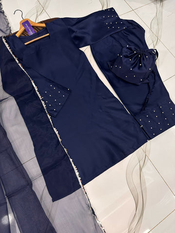 Medium Pearls Attached Shamose Silk 4 Piece – Plain Shirt with 3 Yards Farshi Shalwar & Lace Dupatta