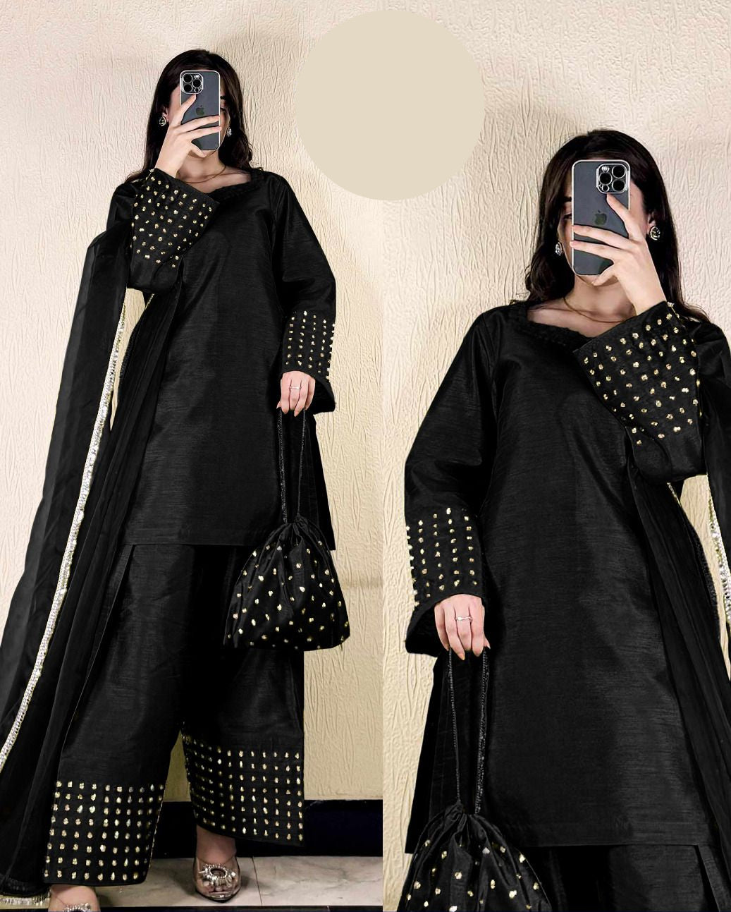 Medium Pearls Attached Shamose Silk 4 Piece – Plain Shirt with 3 Yards Farshi Shalwar & Lace Dupatta