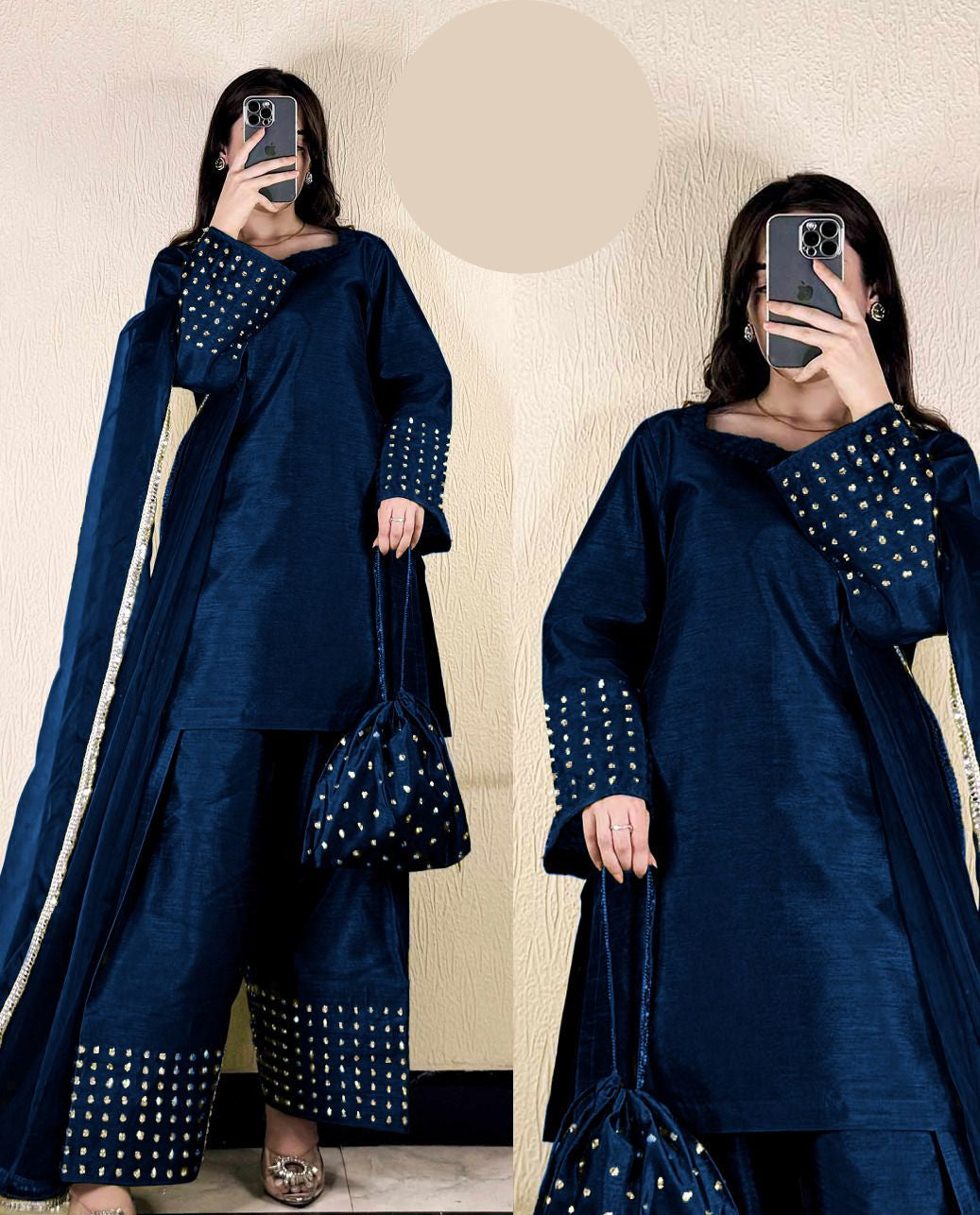 Medium Pearls Attached Shamose Silk 4 Piece – Plain Shirt with 3 Yards Farshi Shalwar & Lace Dupatta