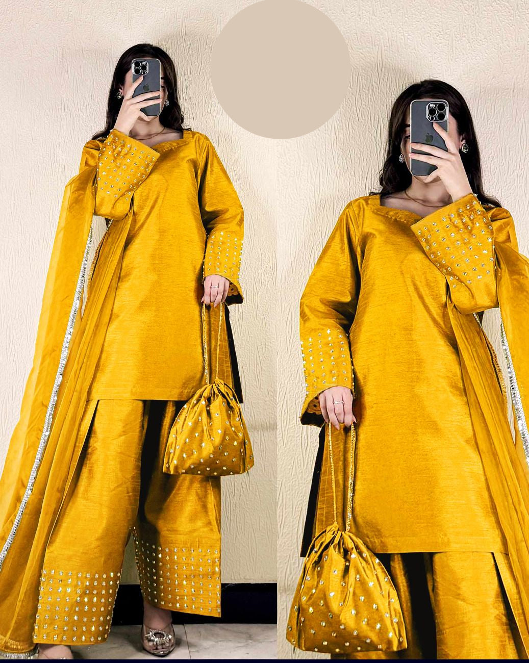 Medium Pearls Attached Shamose Silk 4 Piece – Plain Shirt with 3 Yards Farshi Shalwar & Lace Dupatta