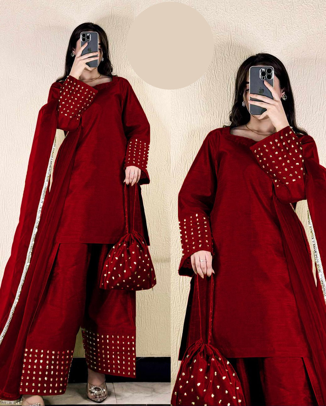Medium Pearls Attached Shamose Silk 4 Piece – Plain Shirt with 3 Yards Farshi Shalwar & Lace Dupatta