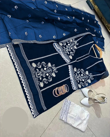 Medium Embroidered Organza 3 Piece – Lace Shirt with Cotton Trouser & Dupatta