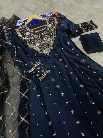 Medium Handwork & Embroidered Long Maxi 3 Piece – Silk with Organza Dupatta