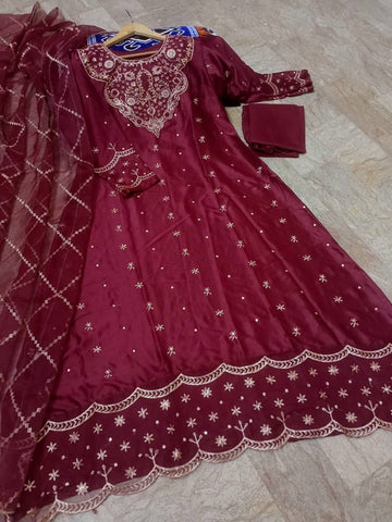 Medium Handwork & Embroidered Long Maxi 3 Piece – Silk with Organza Dupatta