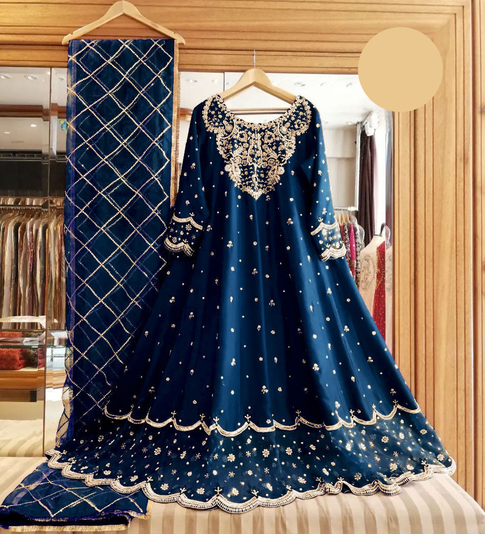 Medium Handwork & Embroidered Long Maxi 3 Piece – Silk with Organza Dupatta