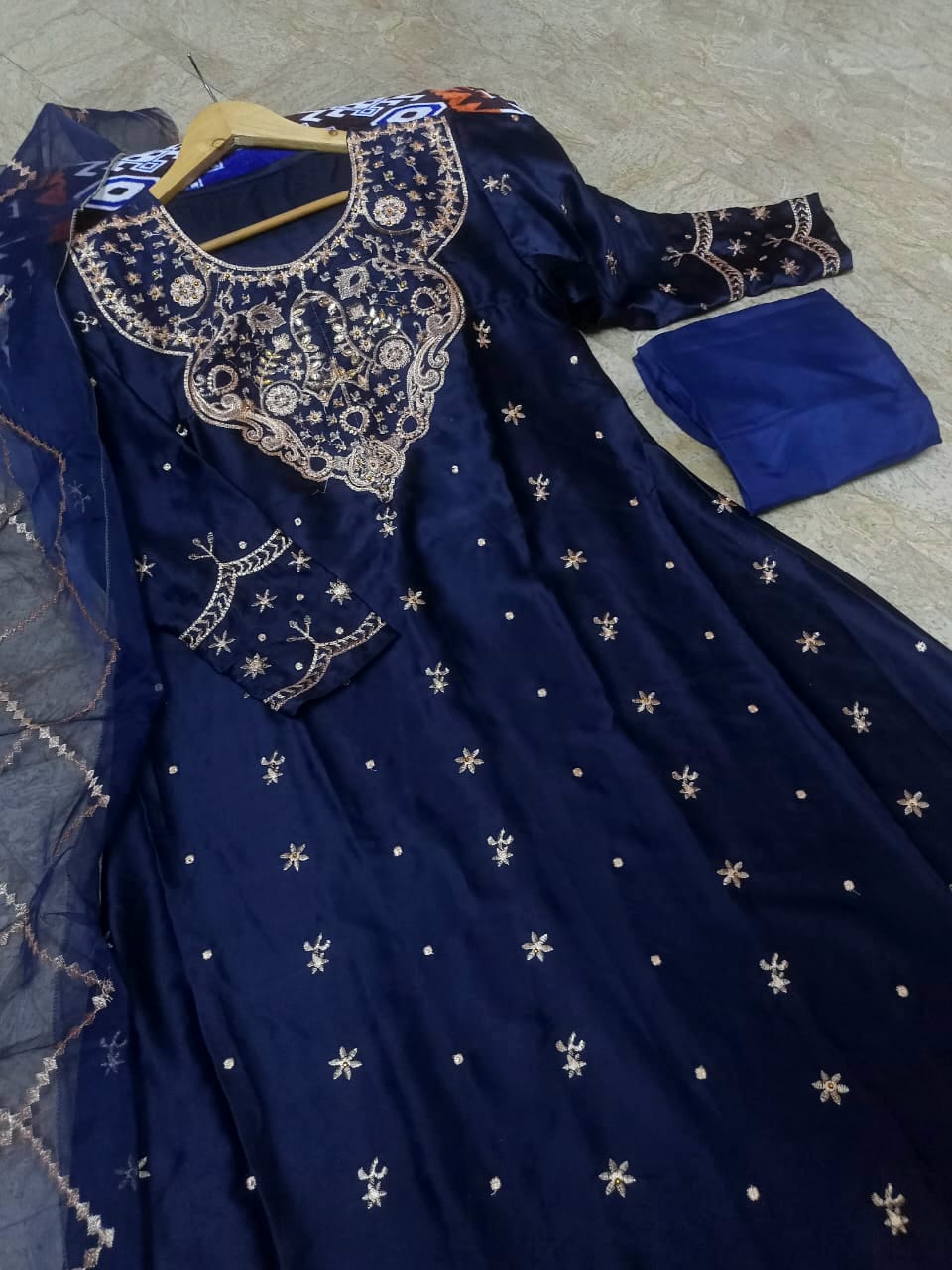 Medium Handwork & Embroidered Long Maxi 3 Piece – Silk with Organza Dupatta