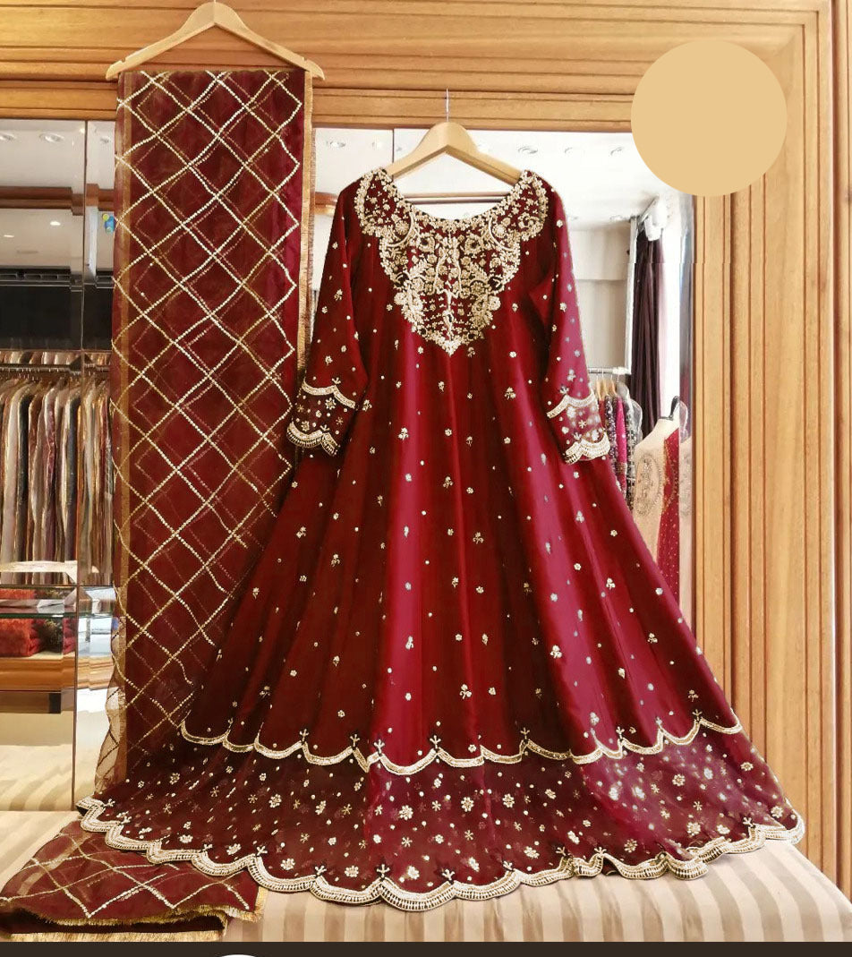 Medium Handwork & Embroidered Long Maxi 3 Piece – Silk with Organza Dupatta