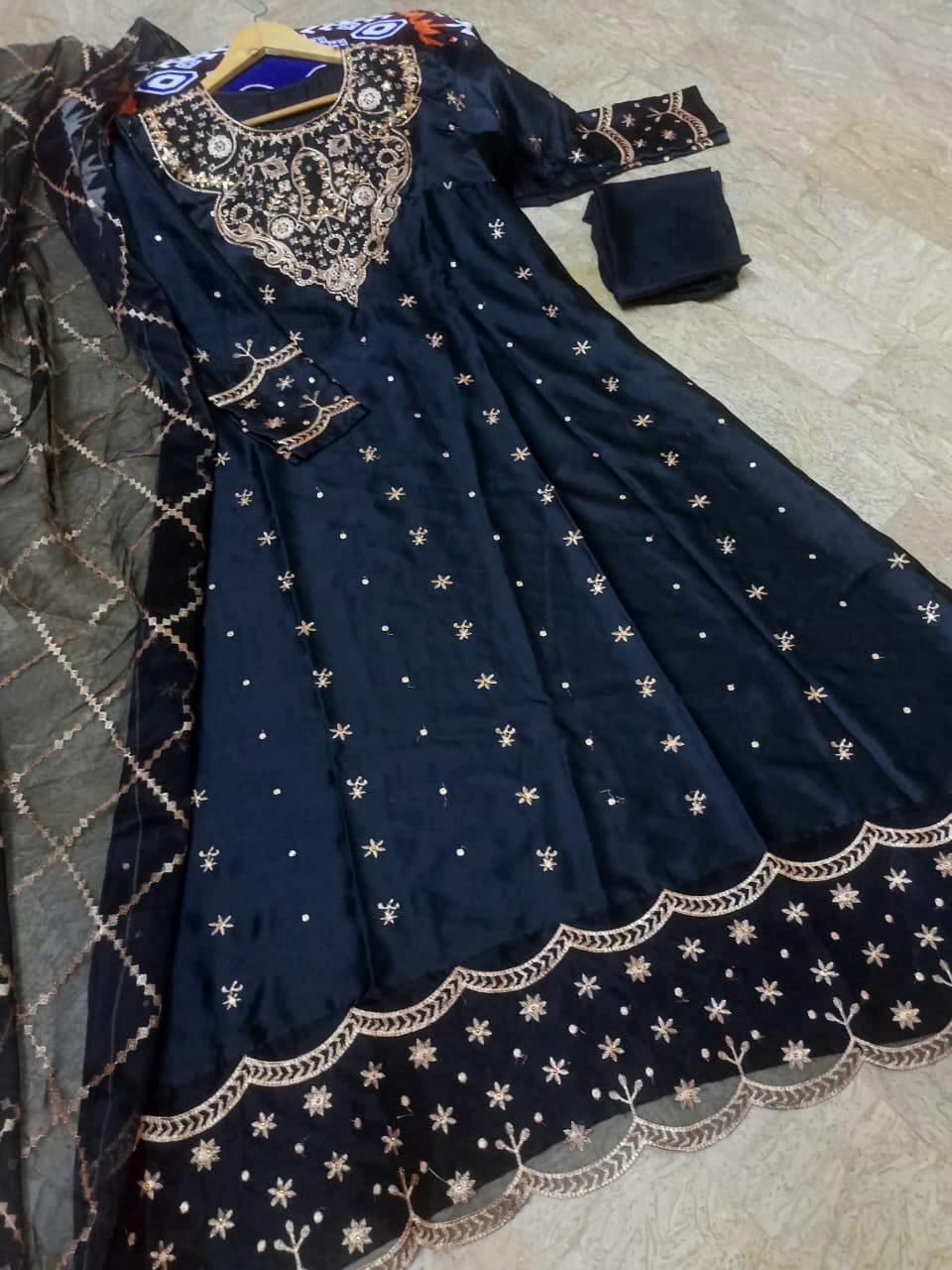 Medium Handwork & Embroidered Long Maxi 3 Piece – Silk with Organza Dupatta