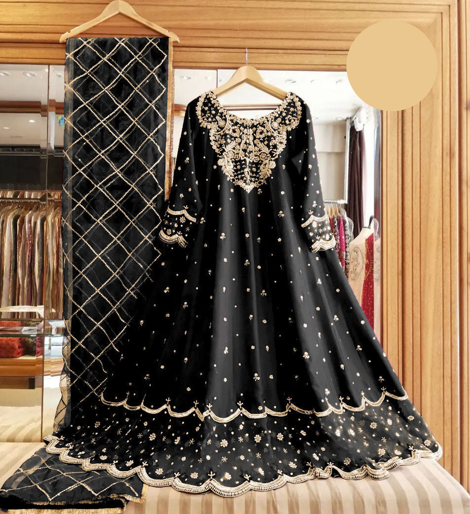 Medium Handwork & Embroidered Long Maxi 3 Piece – Silk with Organza Dupatta