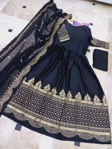 Medium Heavy Sequence Embroidered Maxi 3 Piece – Shamoze Silk with Chiffon Dupatta