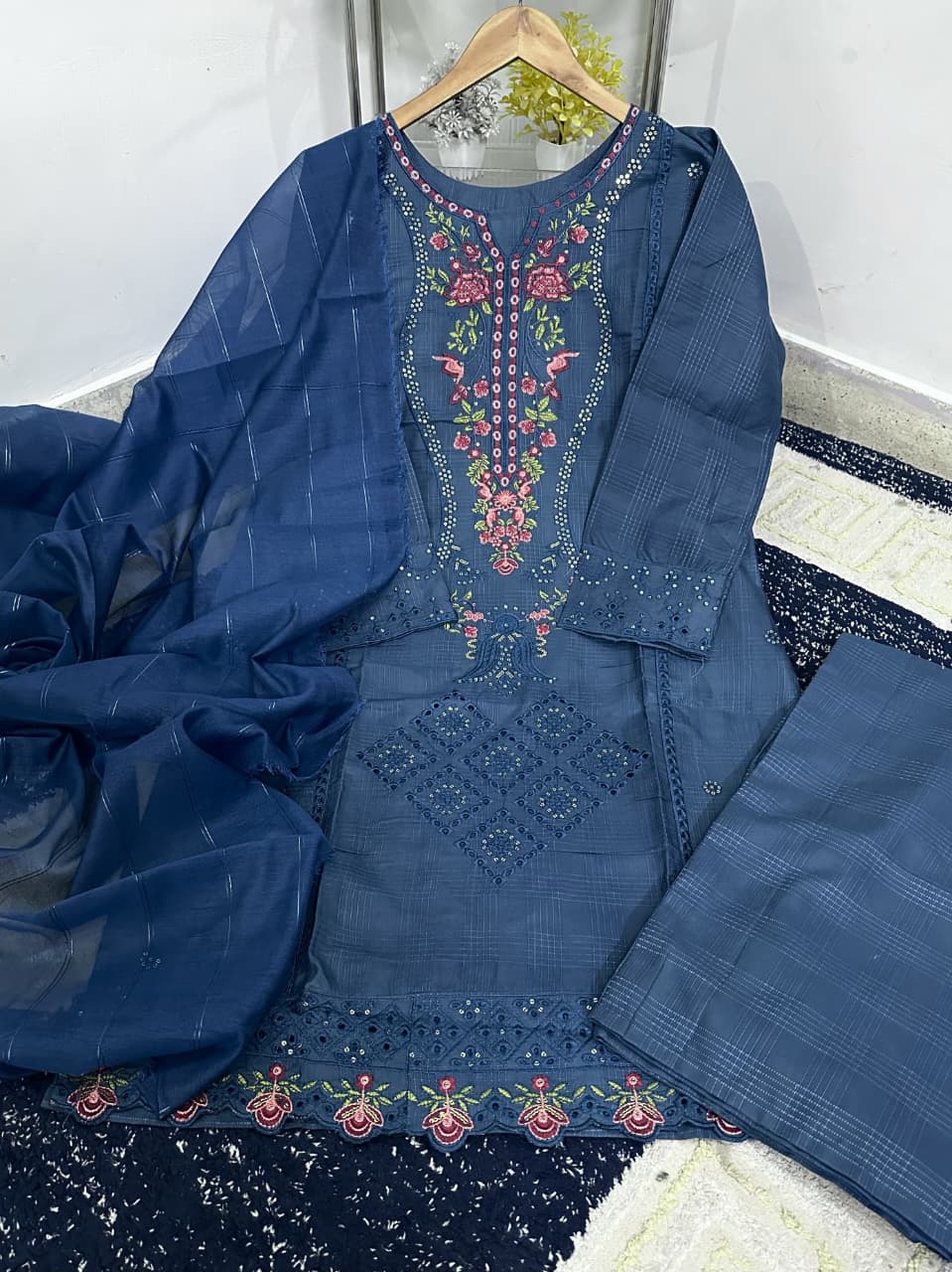 Standard PV Cotton Heavy Thread Embroidered 3 Piece – Stitched Ladies Suit with Monar Dupatta