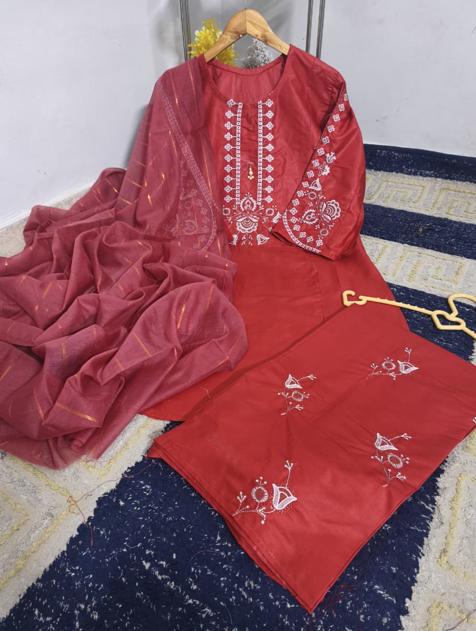 Standard PV Cotton Heavy Thread Embroidered 3 Piece – Stitched Ladies Suit with Monar Dupatta