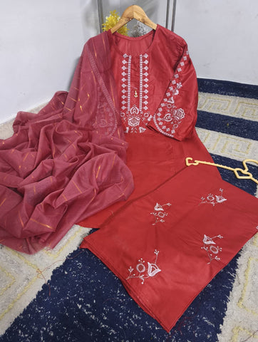 Standard PV Cotton Heavy Thread Embroidered 3 Piece – Stitched Ladies Suit with Monar Dupatta