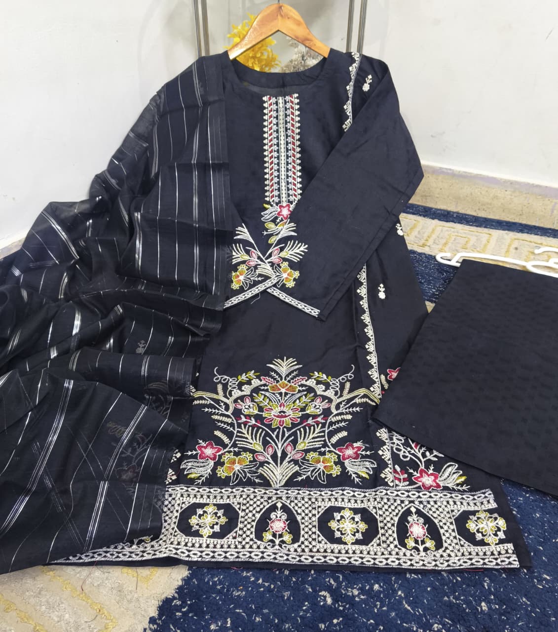 Standard PV Cotton Heavy Thread Embroidered 3 Piece – Stitched Ladies Suit with Monar Dupatta