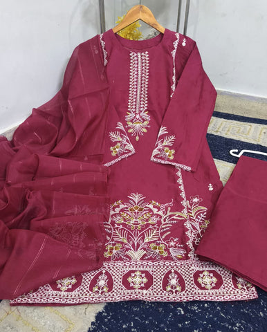 Standard PV Cotton Heavy Thread Embroidered 3 Piece – Stitched Ladies Suit with Monar Dupatta