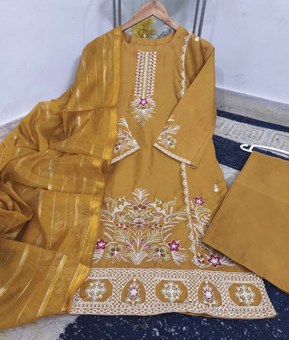 Standard PV Cotton Heavy Thread Embroidered 3 Piece – Stitched Ladies Suit with Monar Dupatta