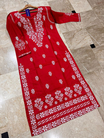 Large Indian Soft Pure Linen Embroidered Long Kurti – Neck & Daman Design