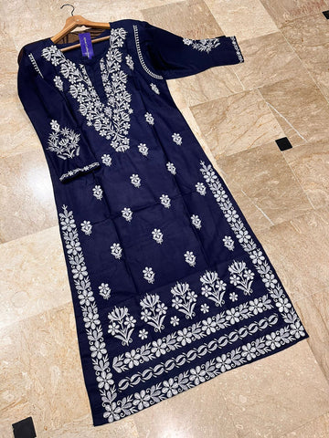 Large Indian Soft Pure Linen Embroidered Long Kurti – Neck & Daman Design