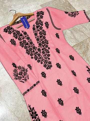 Large Indian Soft Pure Linen Embroidered Long Kurti – Neck & Daman Design