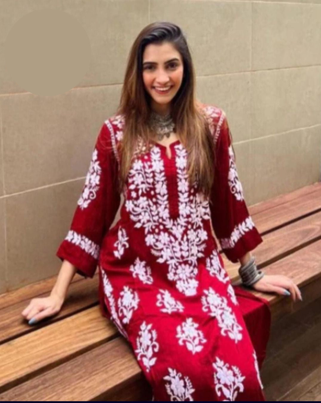 Large Indian Soft Pure Linen Embroidered Long Kurti – Neck & Daman Design