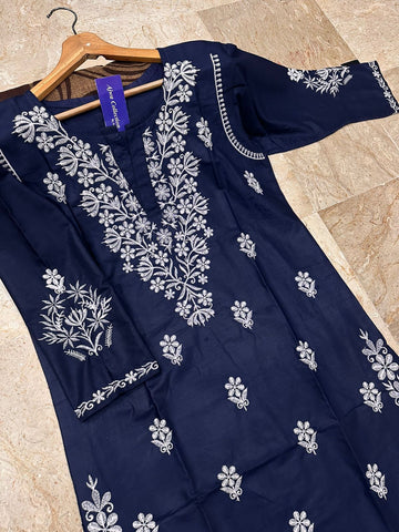 Large Indian Soft Pure Linen Embroidered Long Kurti – Neck & Daman Design
