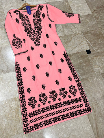 Large Indian Soft Pure Linen Embroidered Long Kurti – Neck & Daman Design