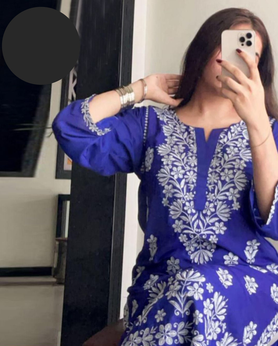 Large Indian Soft Pure Linen Embroidered Long Kurti – Neck & Daman Design