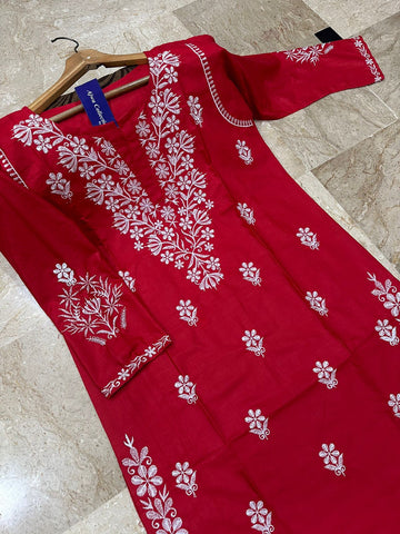Large Indian Soft Pure Linen Embroidered Long Kurti – Neck & Daman Design