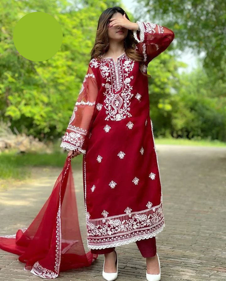 Medium Embroidered Organza 3 Piece – Front & Back Border Shirt with Two-Sided Dupatta