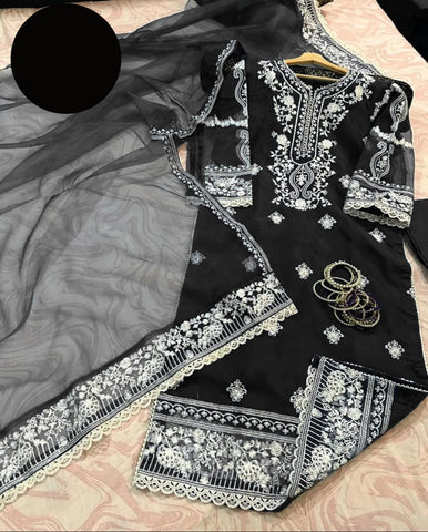 Medium Embroidered Organza 3 Piece – Front & Back Border Shirt with Two-Sided Dupatta