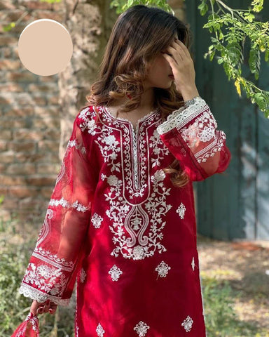 Medium Embroidered Organza 3 Piece – Front & Back Border Shirt with Two-Sided Dupatta