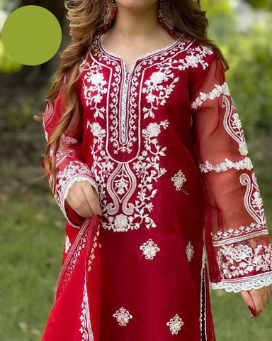 Medium Embroidered Organza 3 Piece – Front & Back Border Shirt with Two-Sided Dupatta
