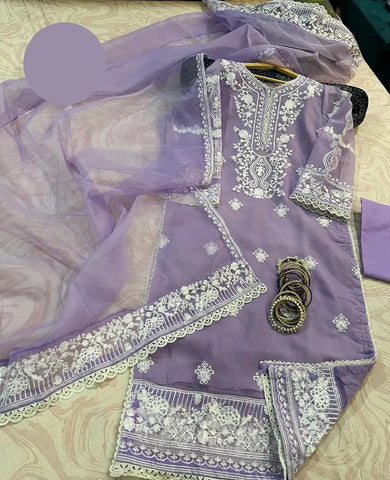 Medium Embroidered Organza 3 Piece – Front & Back Border Shirt with Two-Sided Dupatta