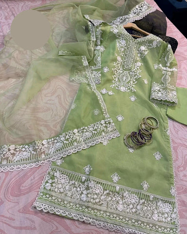 Medium Embroidered Organza 3 Piece – Front & Back Border Shirt with Two-Sided Dupatta