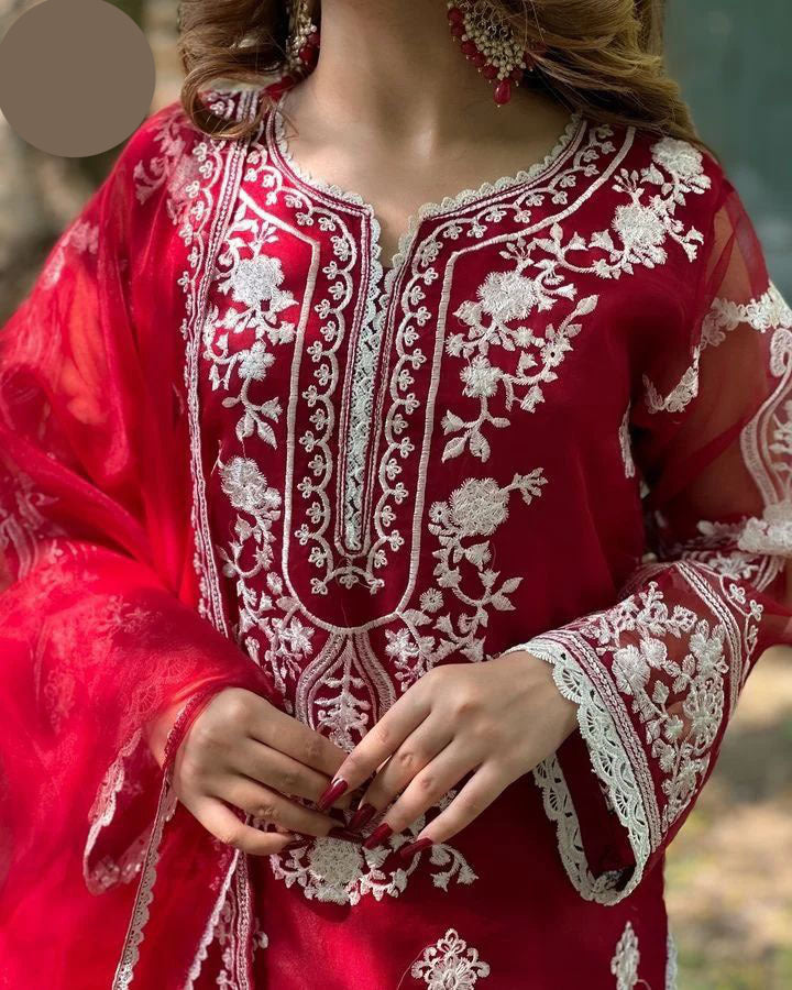Medium Embroidered Organza 3 Piece – Front & Back Border Shirt with Two-Sided Dupatta