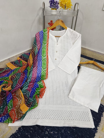 Standard Heavy Sequence Embroidered Chicken Kari 3 Piece – Soft Cotton with Chundri Dupatta