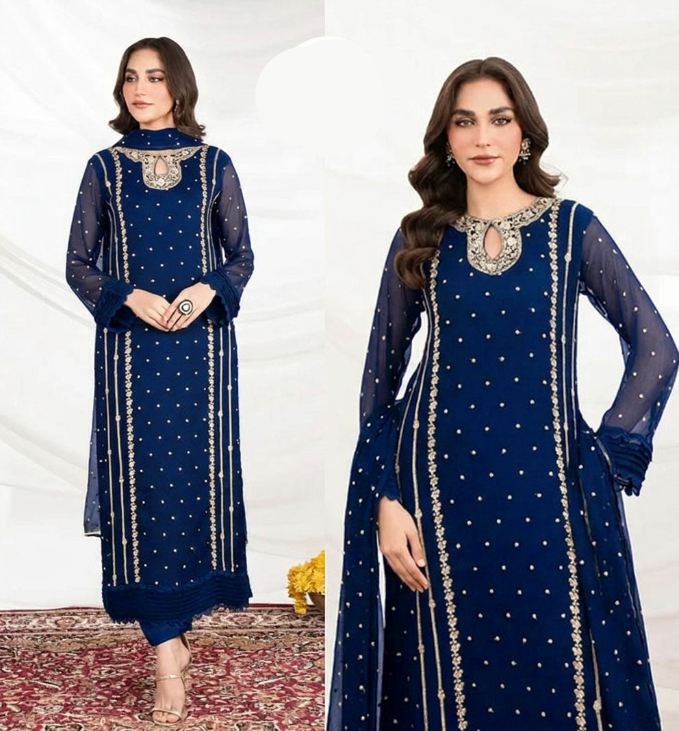 Medium Organza Front Neck Embroidered 3 Piece – Long Shirt with Allover Dupatta