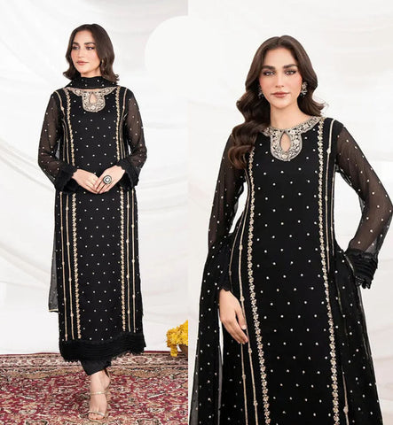 Medium Organza Front Neck Embroidered 3 Piece – Long Shirt with Allover Dupatta